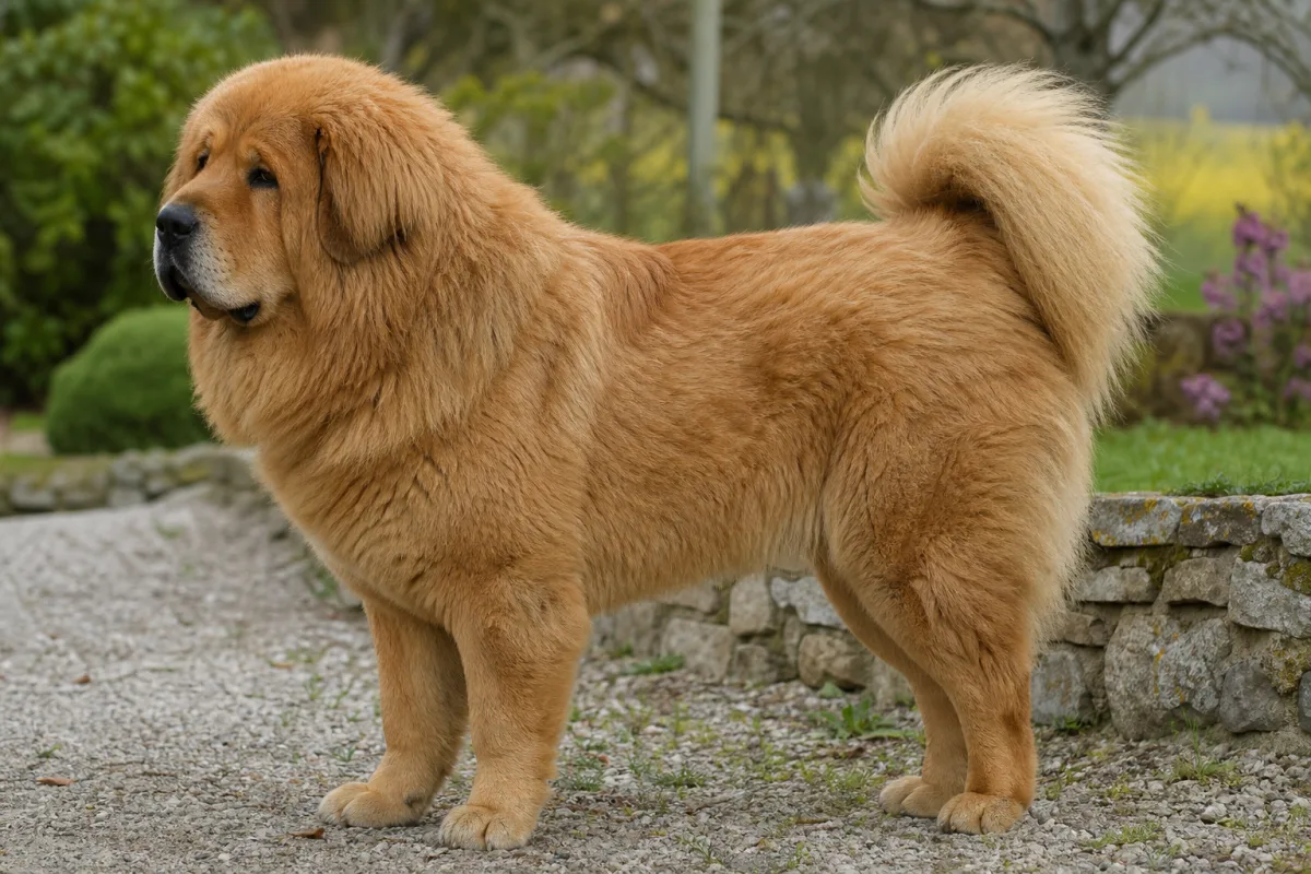 Layna des Lions du Tibet, Dogue du Tibet femelle à la robe fauve, de profil dans un jardin