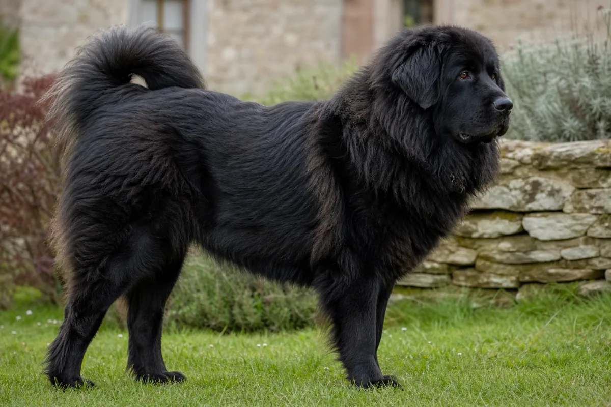 Lei des Lions du Tibet, Dogue du Tibet femelle noire, de profil dans un jardin