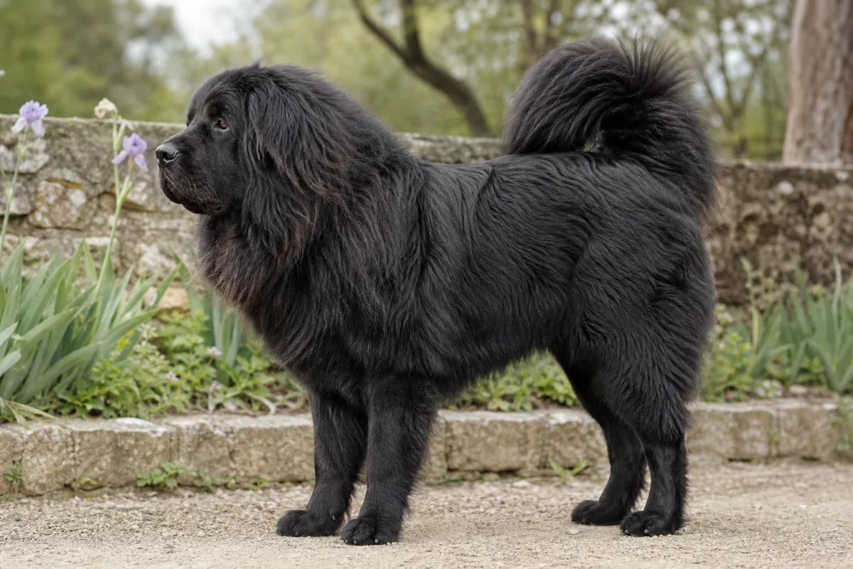 Lhawang des Lions du Tibet, Dogue du Tibet mâle noir, multi-champion, de profil dans un jardin