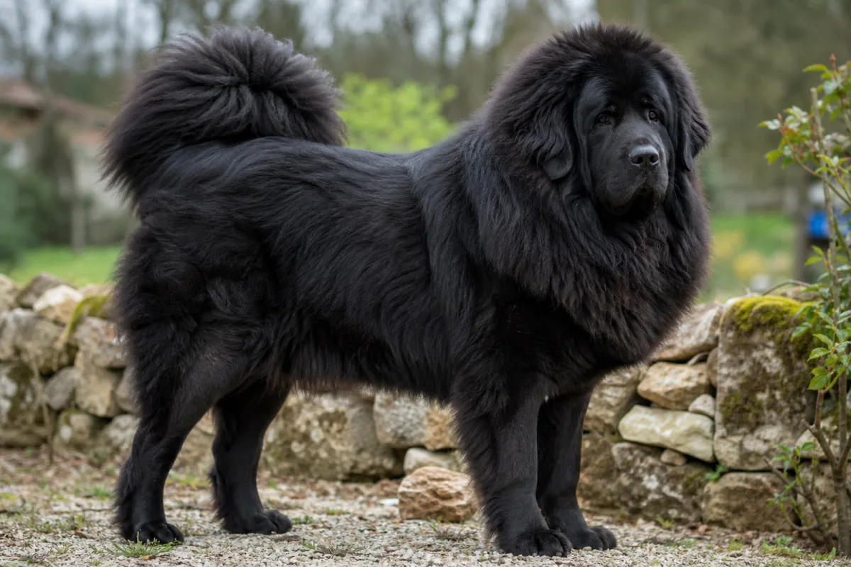Miss Mee des Lions du Tibet, Dogue du Tibet femelle noire, championne de Monaco, de profil dans un jardin