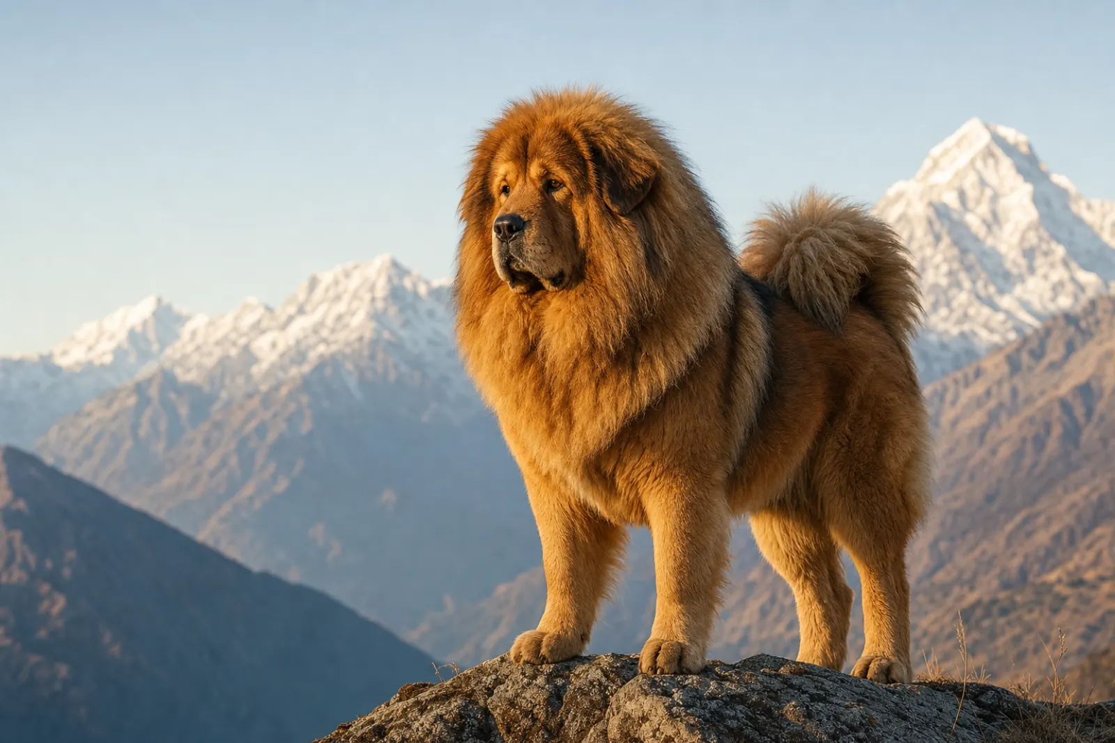 Dogue du Tibet (Tibetan Mastiff) majestueux à l'épaisse crinière fauve, silhouette ancestrale dans la lumière dorée des montagnes de l'Himalaya