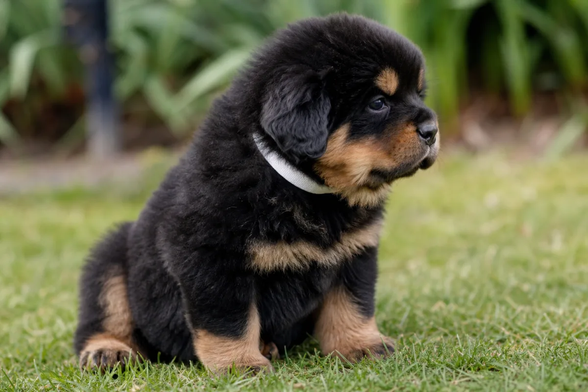 Chiot Dogue du Tibet « collier blanc », robe noir et feu, portée du 9 février 2023