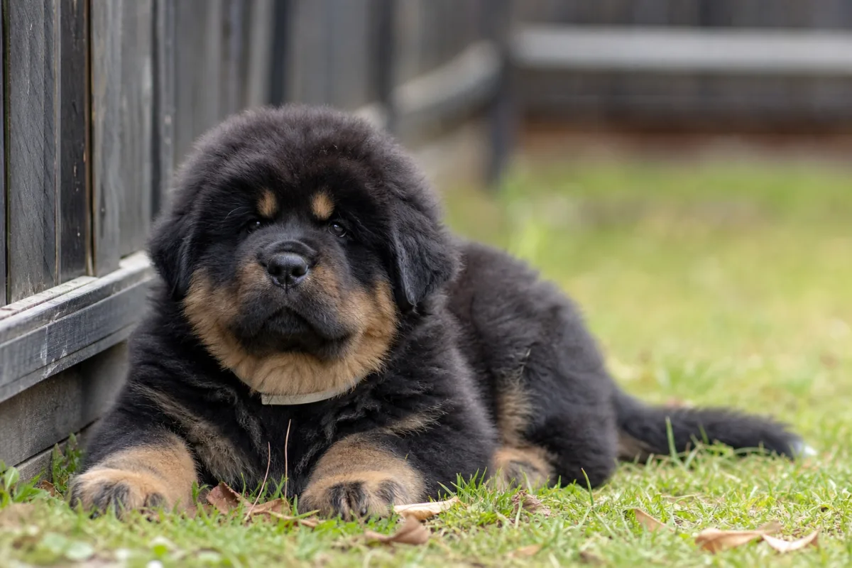 Chiot Dogue du Tibet « collier blanc », robe noir et feu, portée du 9 février 2023, couché près d’une clôture en bois