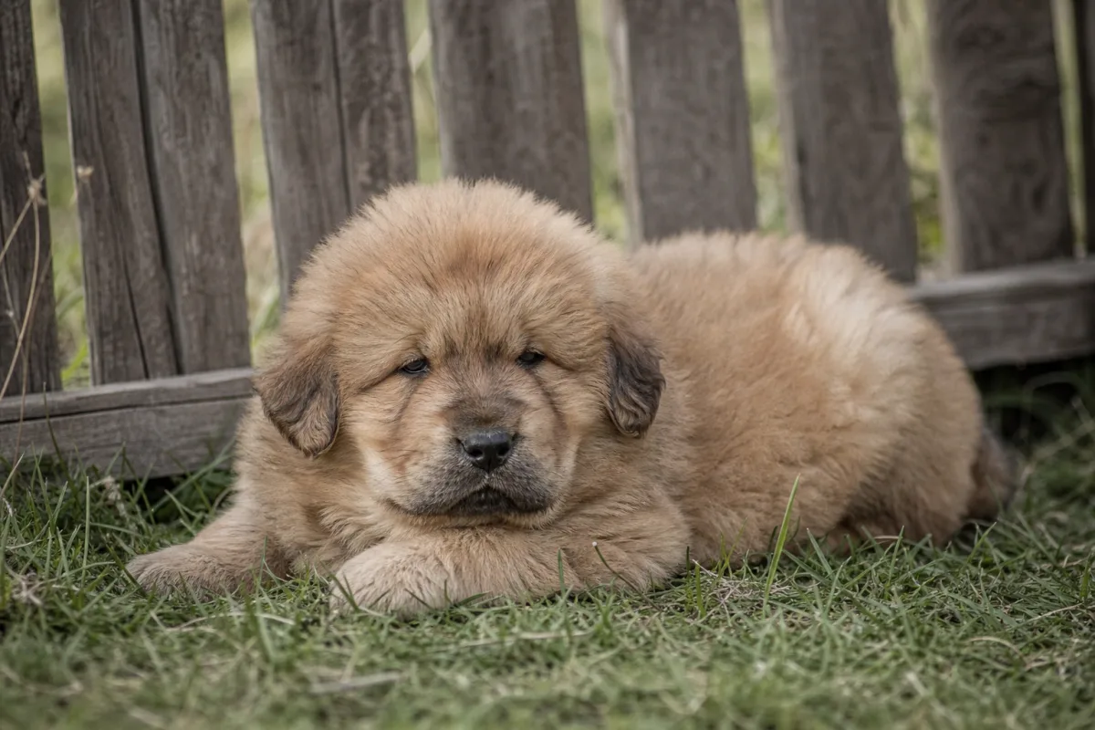 Chiot Dogue du Tibet mâle à la robe fauve, portée du 9 février 2023, couché près d’une clôture en bois
