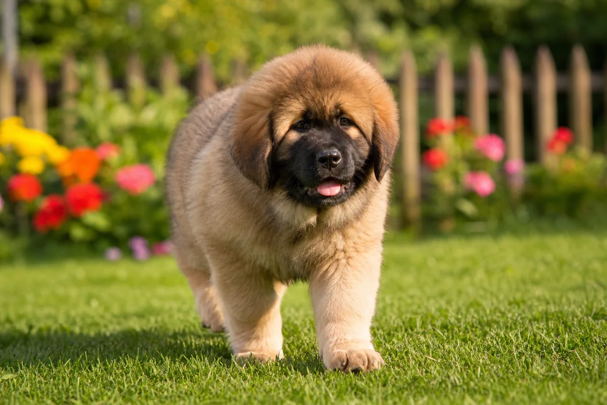 Chiot Dogue du Tibet à la robe fauve dans un jardin fleuri, illustrant la descendance Des Lions du Tibet accueillie dans de nouvelles familles