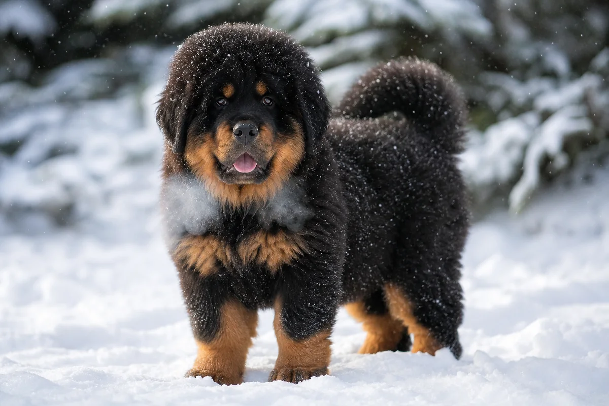 Chiot Dogue du Tibet dans la neige, illustrant la descendance Des Lions du Tibet vivant sous des climats variés à travers le monde