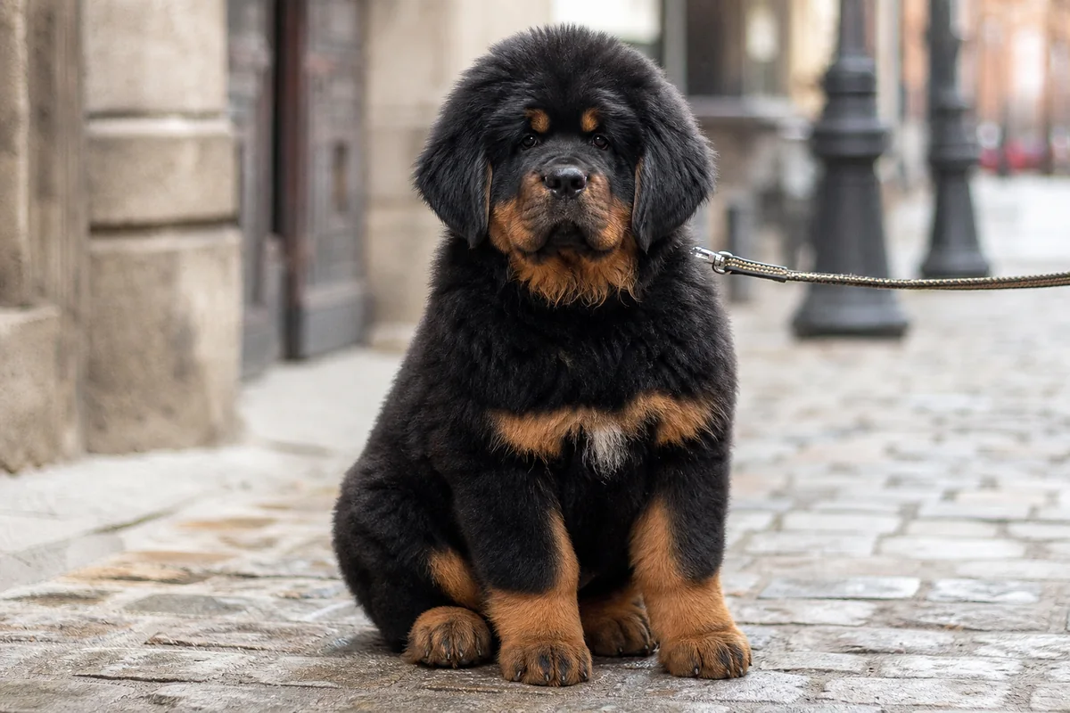 Chiot Dogue du Tibet en laisse sur un trottoir pavé en ville, illustrant la descendance Des Lions du Tibet adoptée jusqu’en milieu urbain