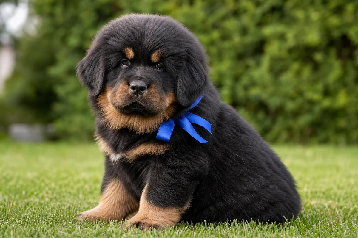 Chiot Dogue du Tibet « bleu » des Lions du Tibet, robe noir et feu, ruban d'identification bleu autour du cou