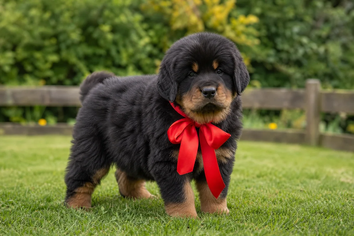Chiot Dogue du Tibet femelle « red », issue de Ch. Ermei et Ch. Mopa, ruban d'identification rouge autour du cou