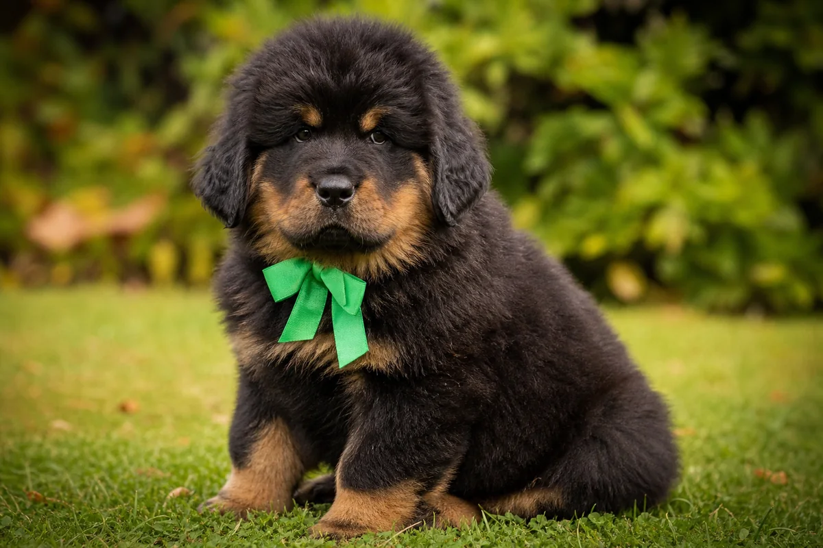 Chiot Dogue du Tibet « vert », issu de Ch. Ermei et Ch. Mopa, ruban d'identification vert autour du cou