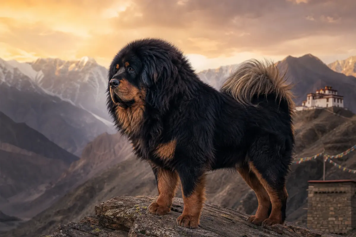 Dogue du Tibet adulte en position de vigie sur un promontoire rocheux, surplombant une vallée himalayenne au crépuscule à proximité d’un monastère, illustrant le rôle ancestral de gardien de la race