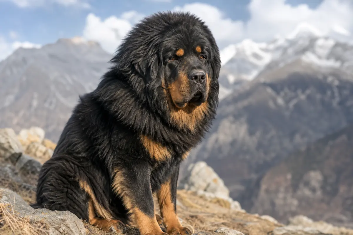 Portrait rapproché d'un Dogue du Tibet adulte au pelage noir et feu, regard calme et posé, illustrant le tempérament protecteur et équilibré de la race